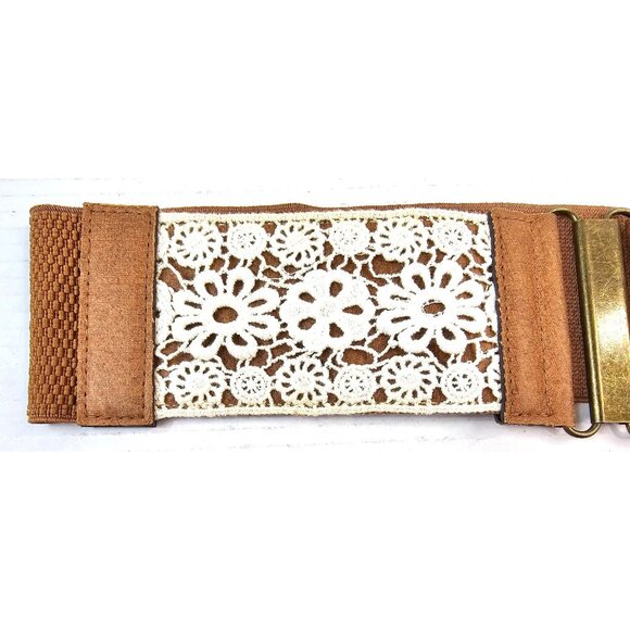 Vtg Stretch Wide Waist Belt With Crochet Lace Overlay & Metal Clasp Brown/White - Picture 2 of 5